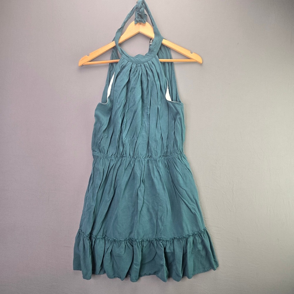 BTFBM Halter Mini Dress Ruffle Tiered L Teal Blue Sleeveless Boho Summer Dress
